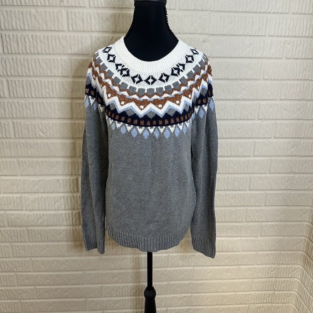 NWT J. Crew Gray Fair Isle Merino Wool-Blend Sweater Sz M Winter Knit Pullover